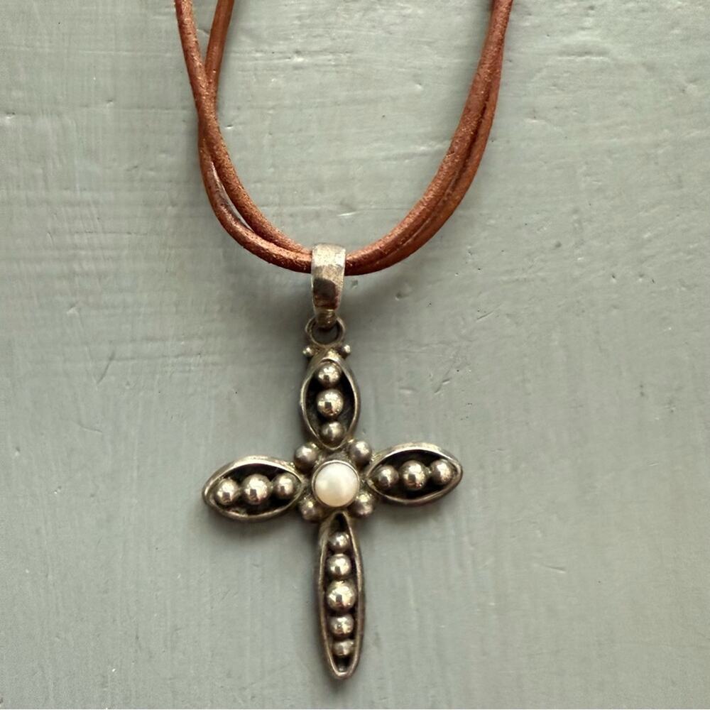 Silpada 925 Sterling Silver Cross Pendant & Leather Double  Strand Necklace
